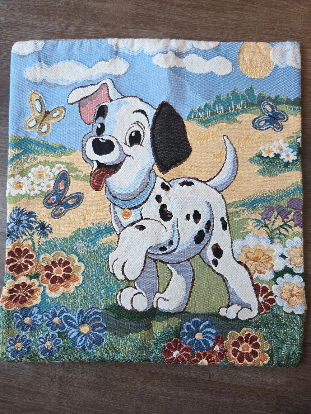 Vintage Disney 101 Dalmations Tapestry Throw Pillow Case, Butterfly & Flowers,